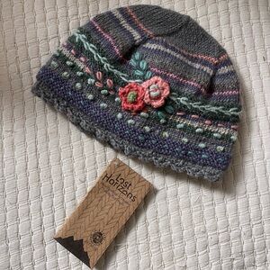 Gray and Pink Floral Wool Beanie